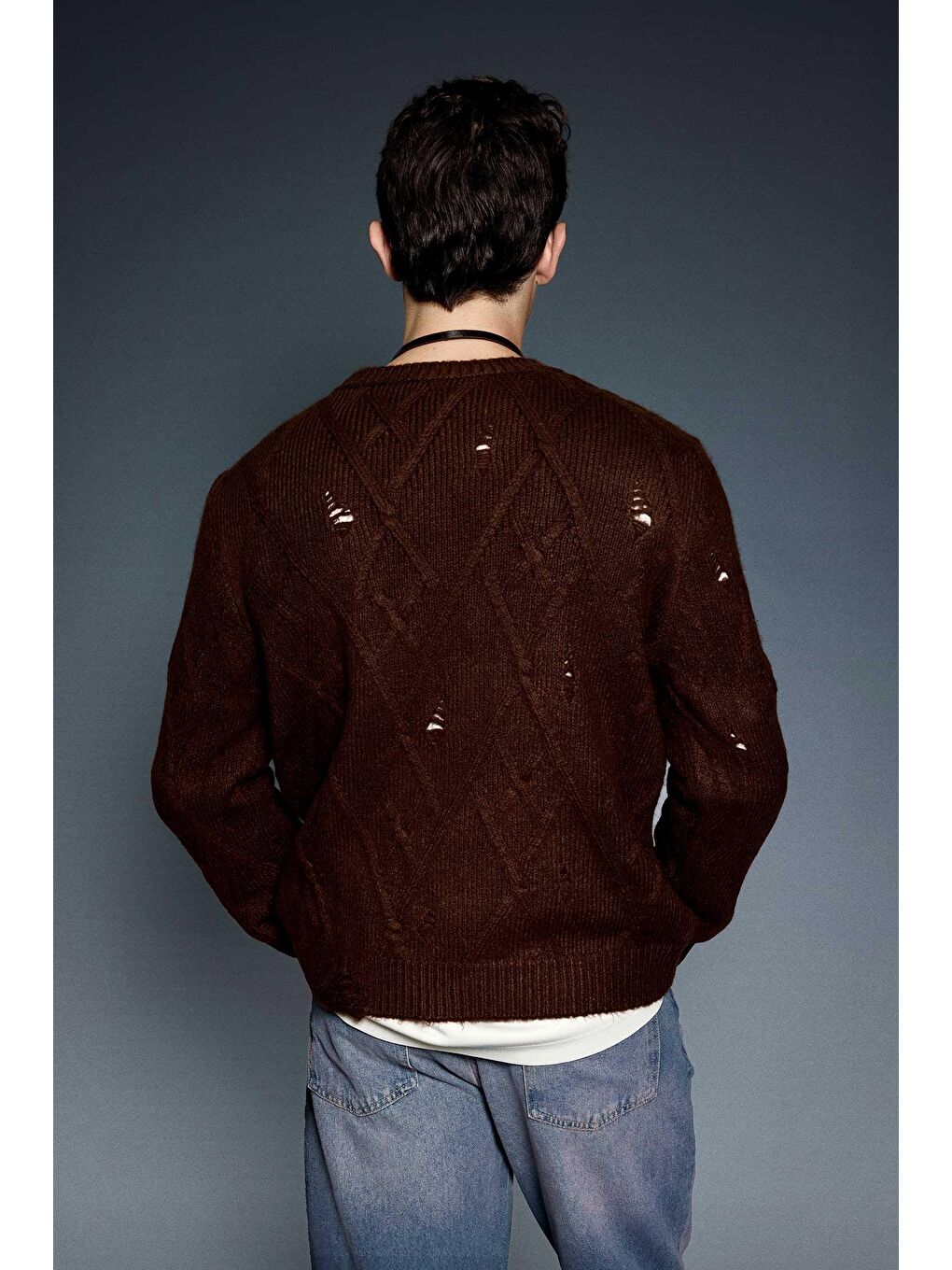 Erkek Oversize Desenli Triko Kazak Kahverengi-6