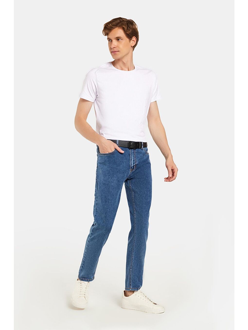Erkek Regular Fit Yıkamalı Taşlamalı Esnek Jean  Düz Paça Tapered Açık Mavi Jean Pantolon-3