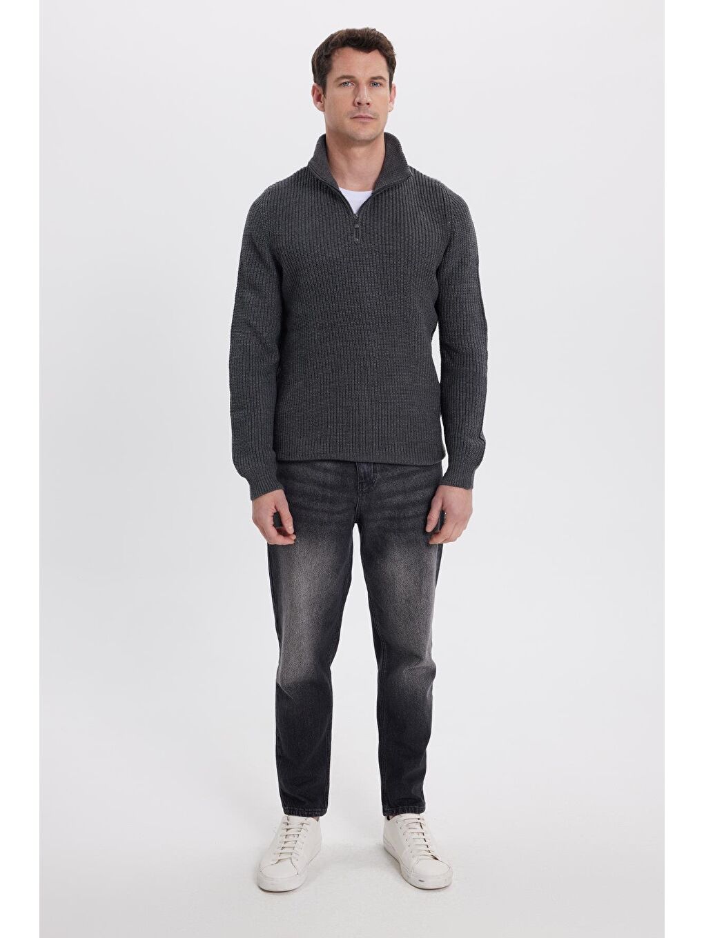 Erkek Slim Fit Dar Kesim Fermuarlı Gri Dik Yaka Triko Kazak-3