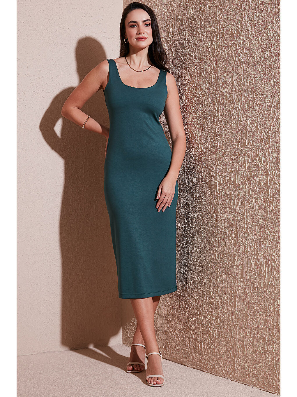 Yeşil Slim Fit Kalın Askılı Midi Kadın Elbise 5866154