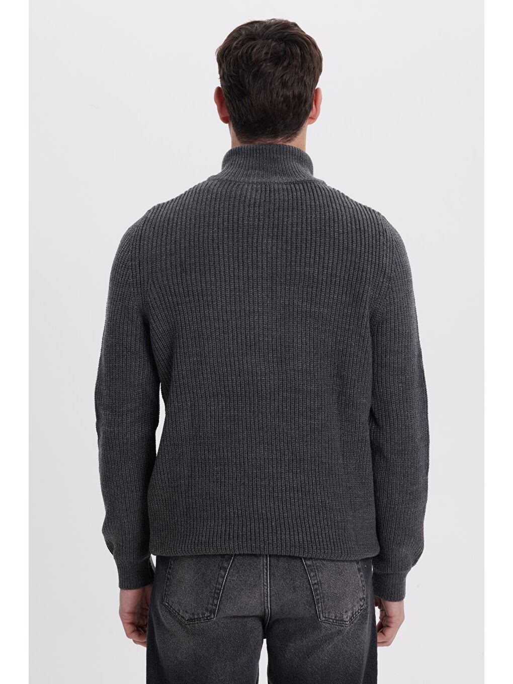 Erkek Slim Fit Dar Kesim Fermuarlı Gri Dik Yaka Triko Kazak-6