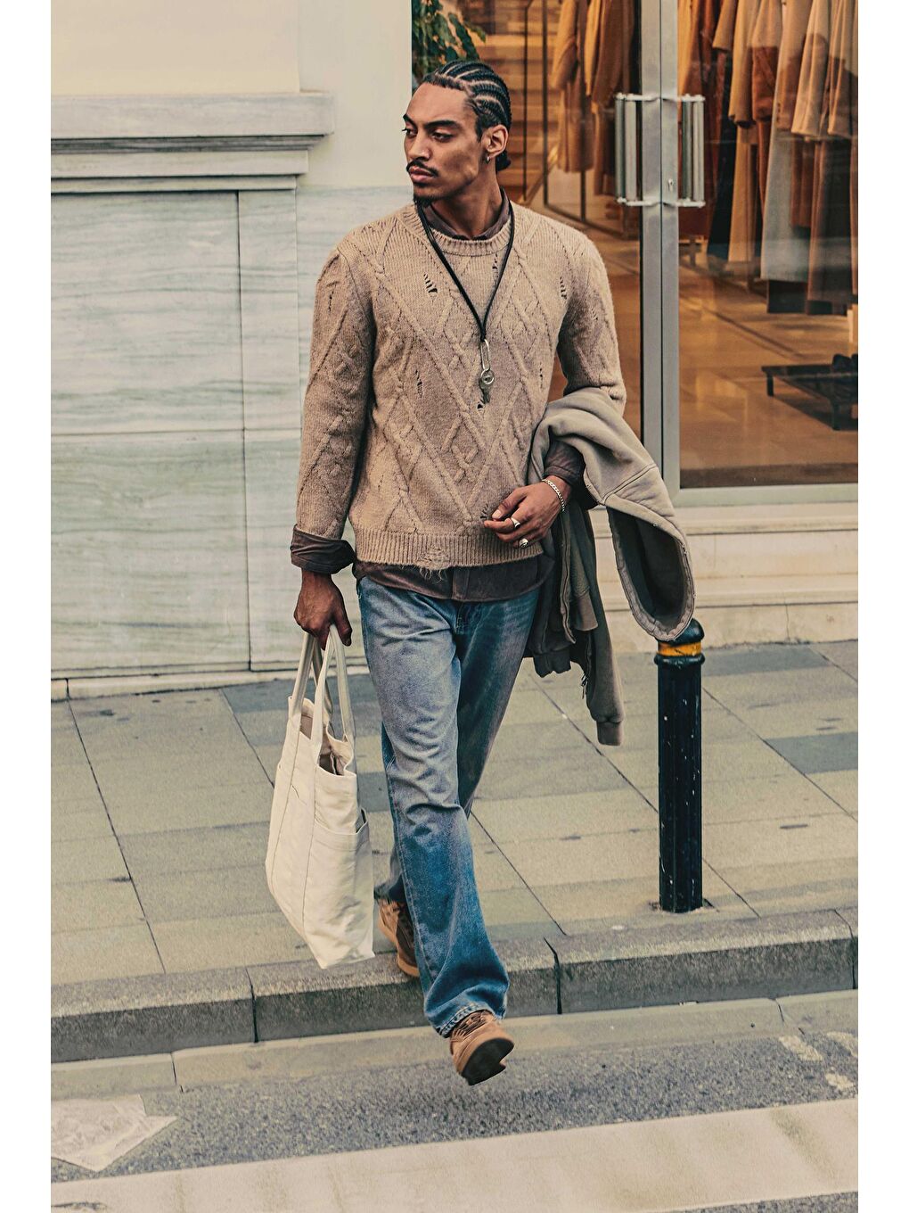 Bej Erkek Oversize Desenli Triko Kazak Taş-1