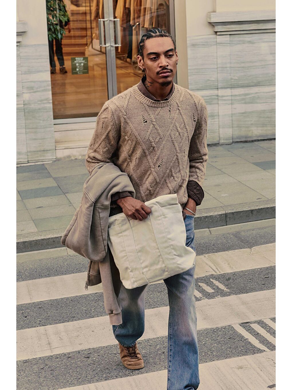 Bej Erkek Oversize Desenli Triko Kazak Taş-2