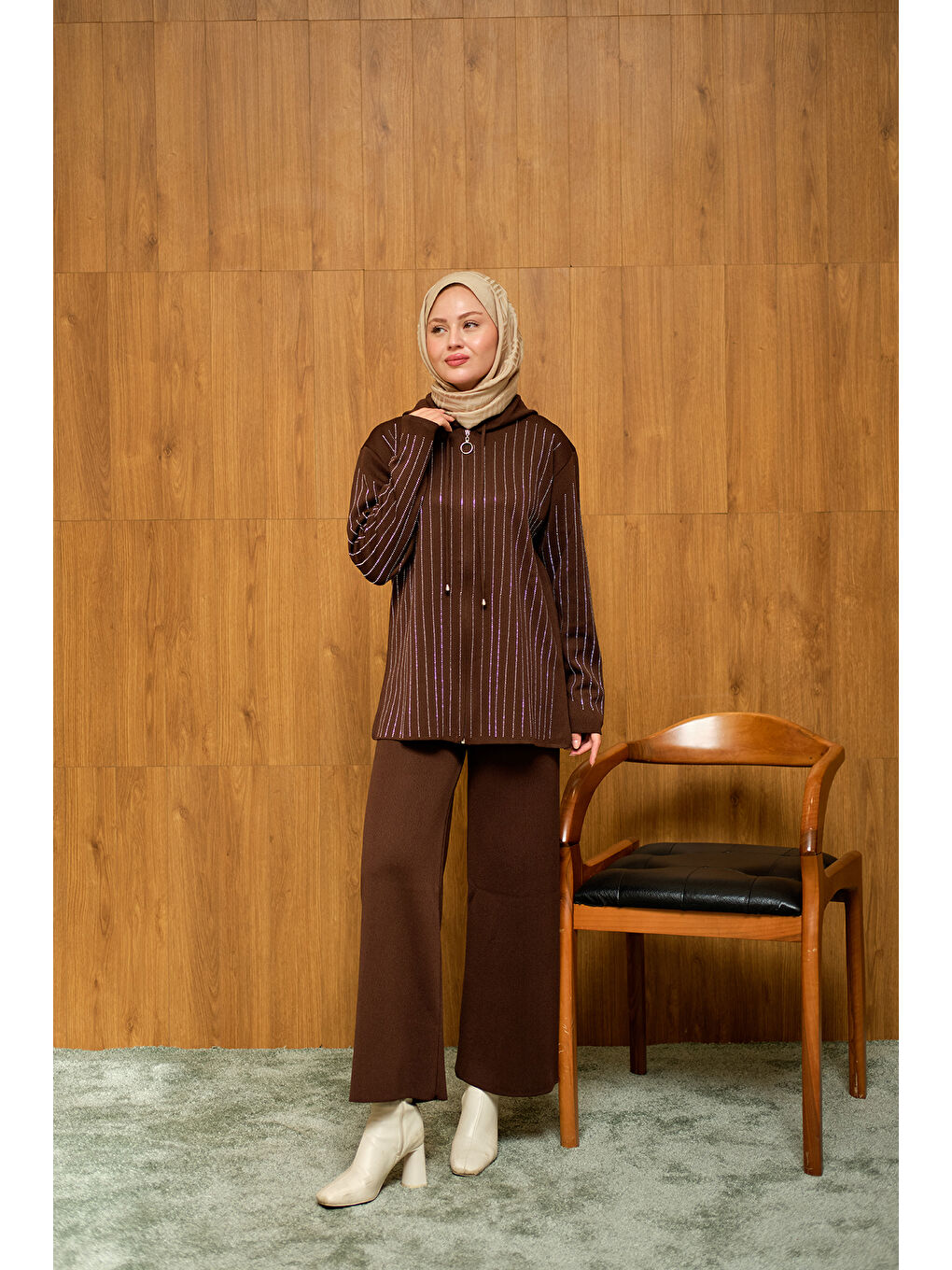 Kahverengi Kadın Taş Detay Triko Takım Kahve-3