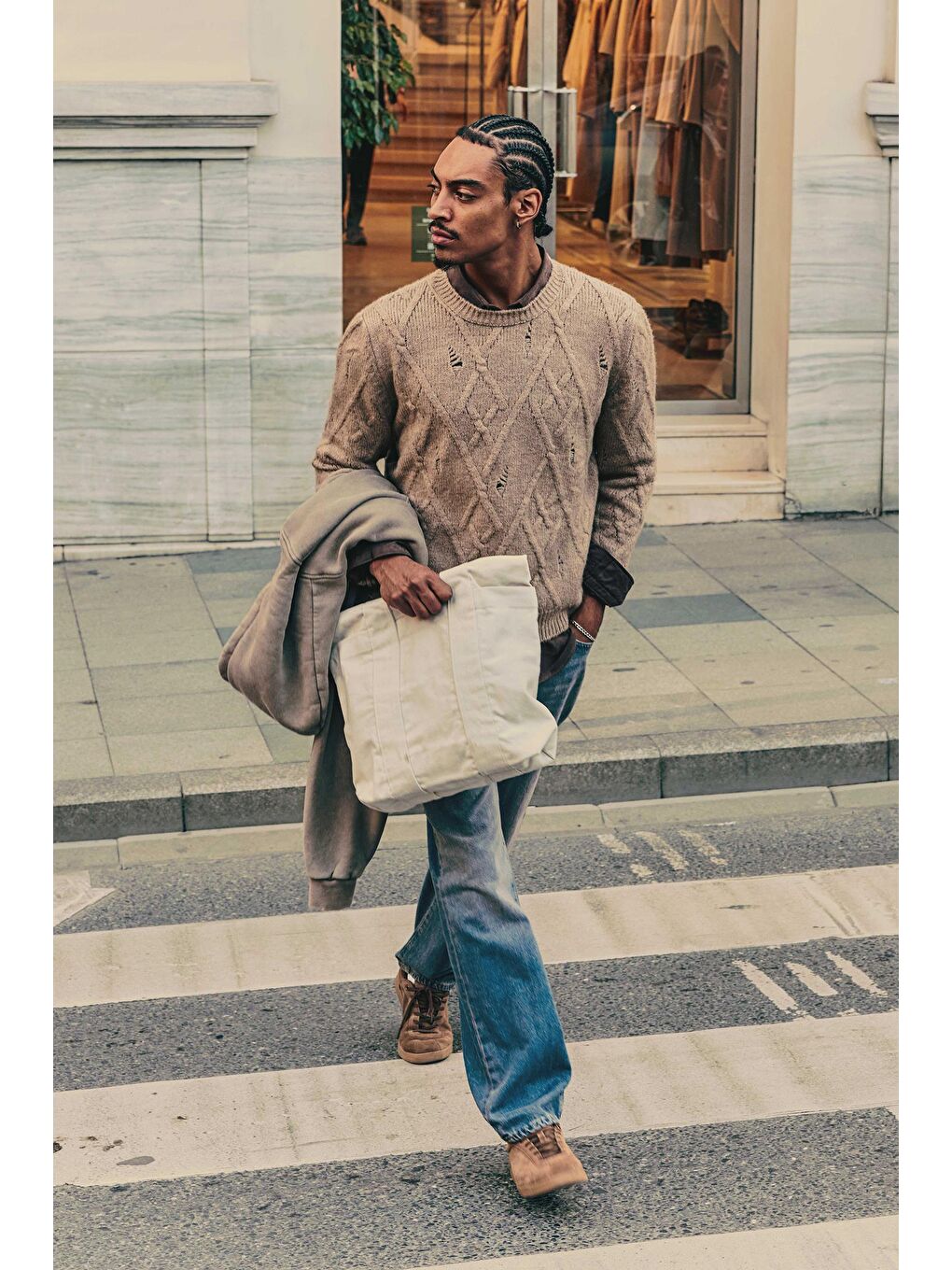 Bej Erkek Oversize Desenli Triko Kazak Taş-3