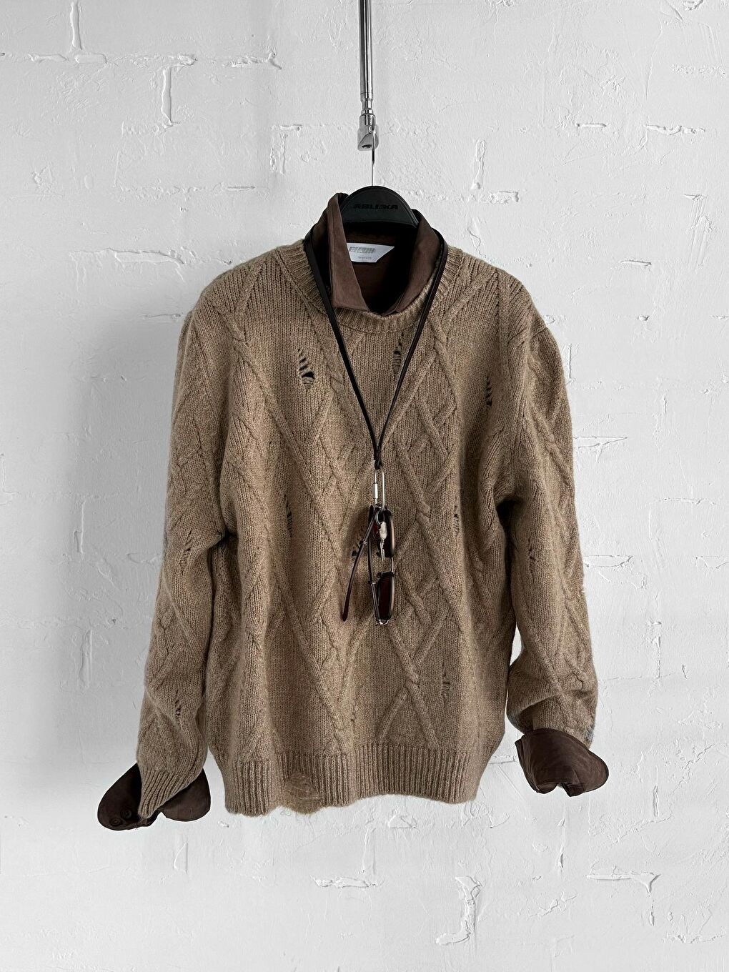 Bej Erkek Oversize Desenli Triko Kazak Taş-4