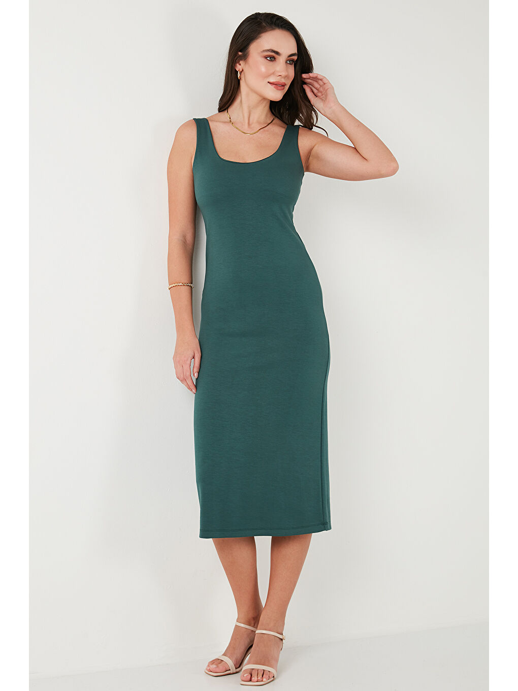 Yeşil Slim Fit Kalın Askılı Midi Kadın Elbise 5866154-1