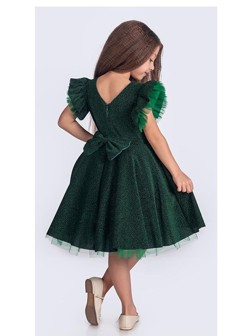 Yeşil Simli Şanzelize Kız Çocuk Abiye Elbise M00669-8