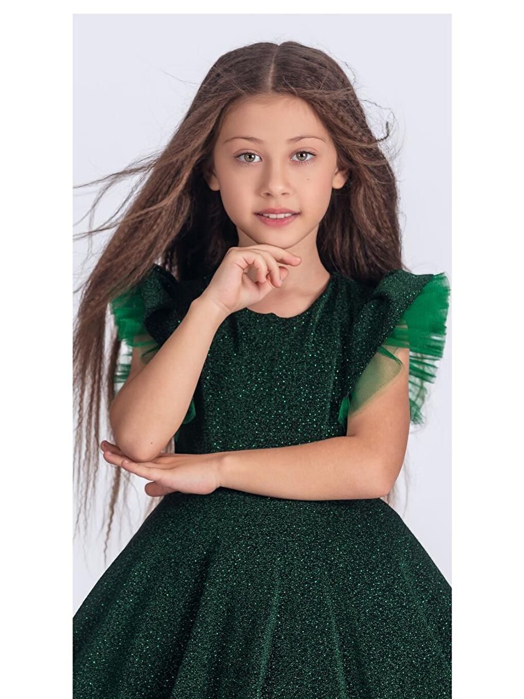 Yeşil Simli Şanzelize Kız Çocuk Abiye Elbise M00669-9