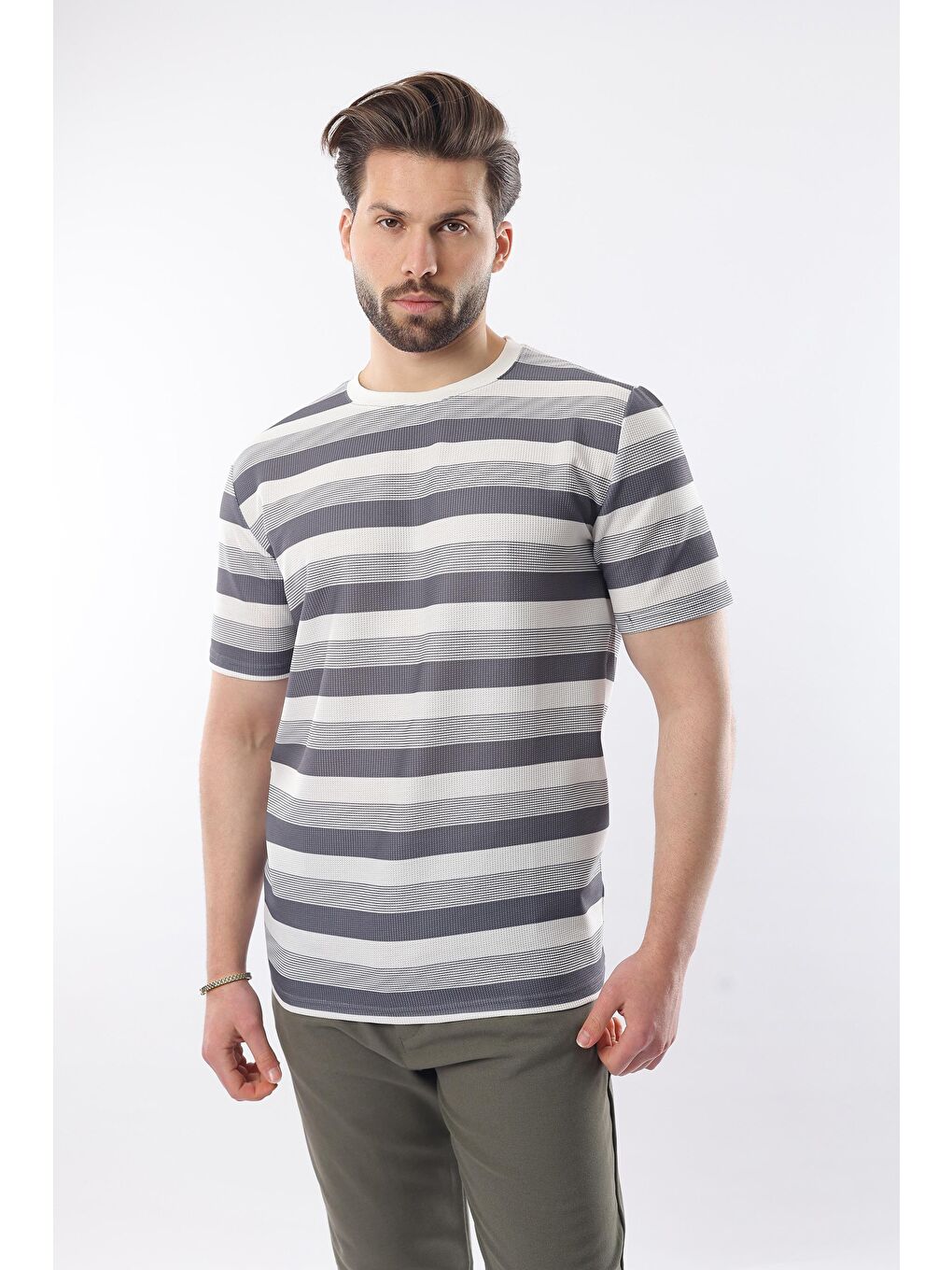 Gri Füme Bisiklet Yaka Çizgili Erkek T-Shirt E7118-2