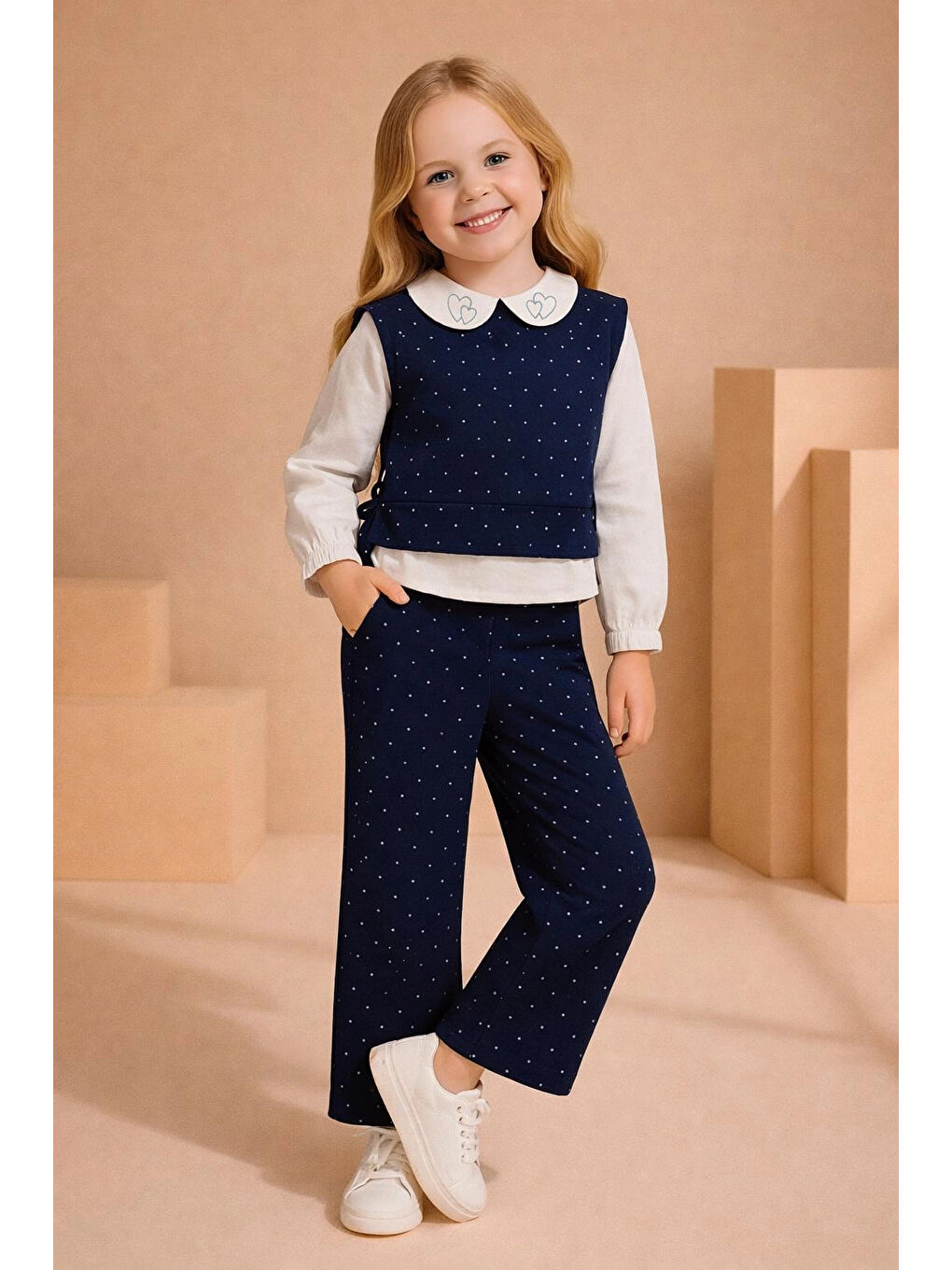 Lacivert Taşlı Yelekli Kız Çocuk Takım 20467