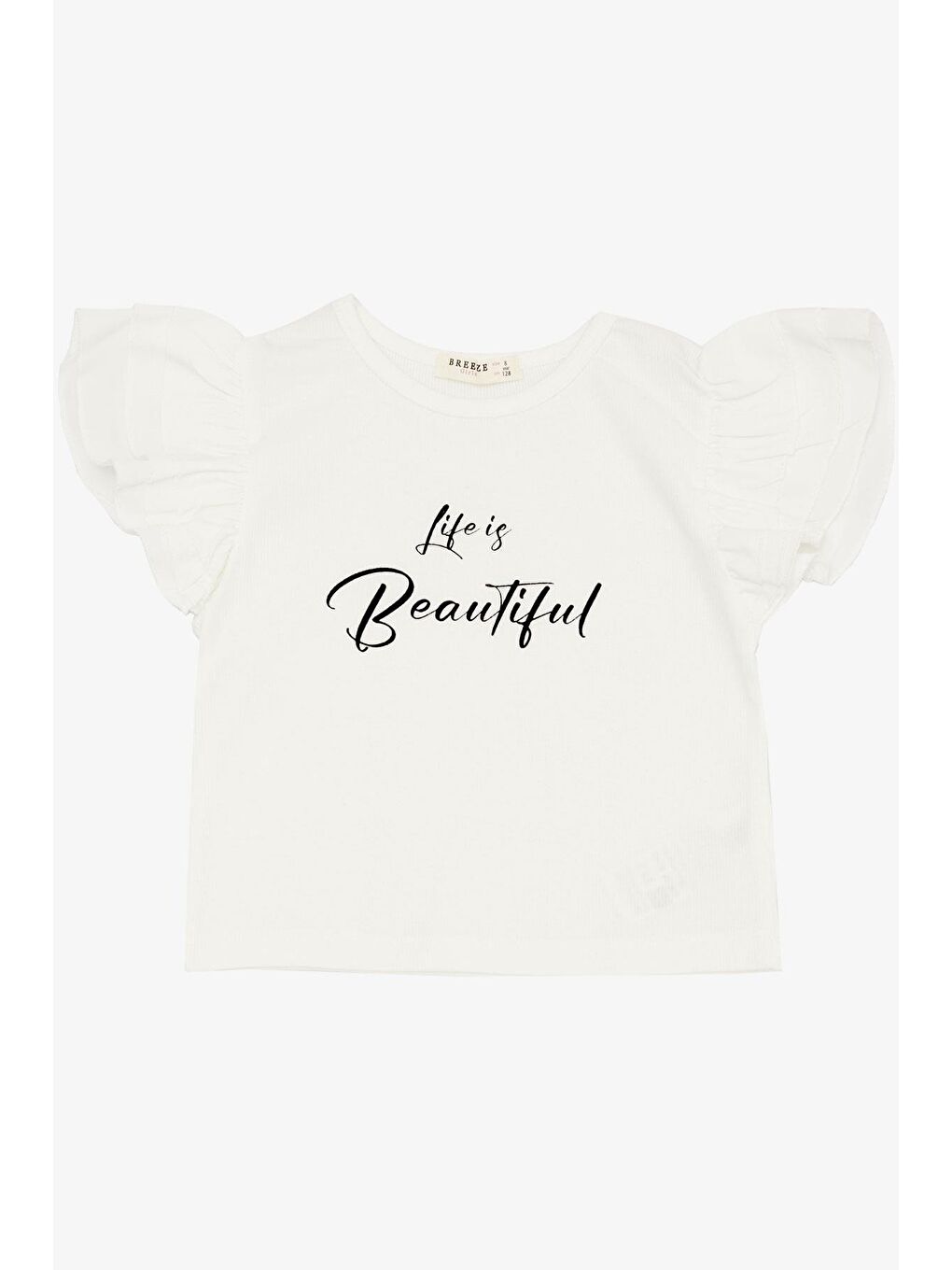 Kız Çocuk Tişört Kemer Boy Kolları Krep Kumaş Fırfırlı Yazı Baskılı Ekru (8-12 Yaş)