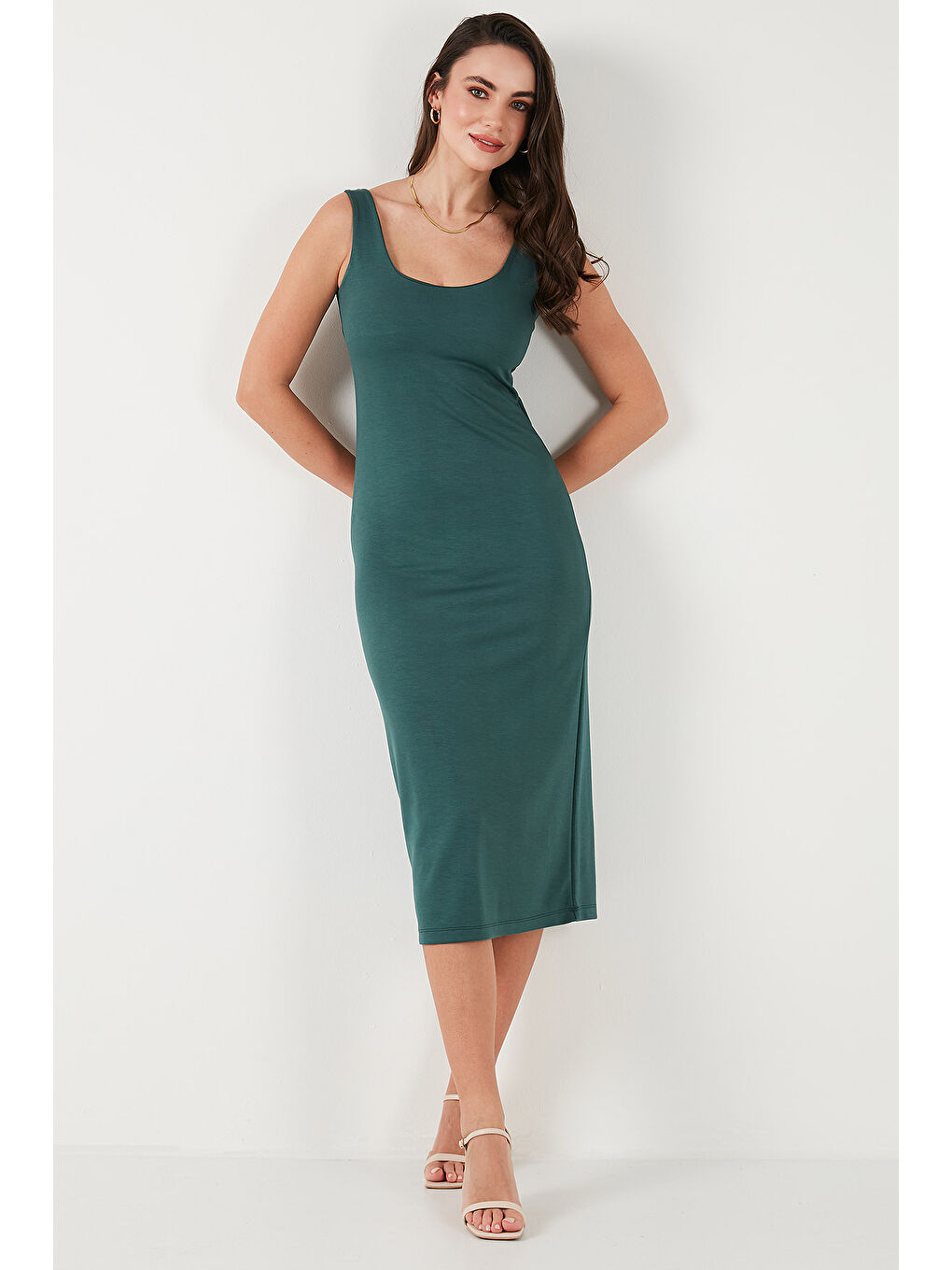 Yeşil Slim Fit Kalın Askılı Midi Kadın Elbise 5866154-3
