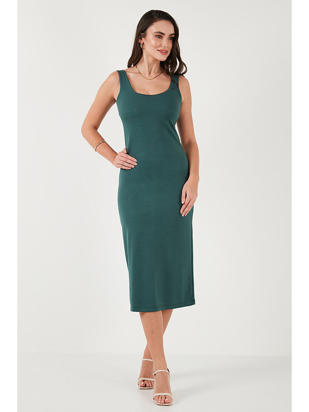 Yeşil Slim Fit Kalın Askılı Midi Kadın Elbise 5866154-5