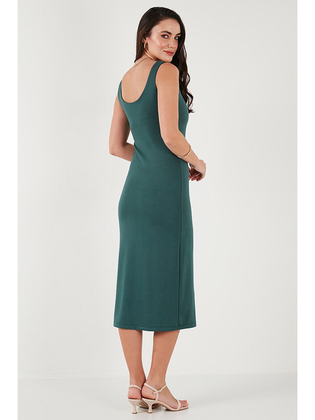 Yeşil Slim Fit Kalın Askılı Midi Kadın Elbise 5866154-6