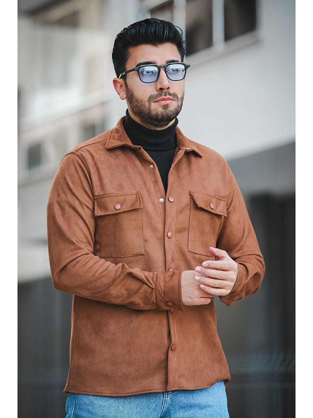 Kahverengi Slim Fit Çift Cep Kapaklı Likralı Süet Erkek Gömlek-2