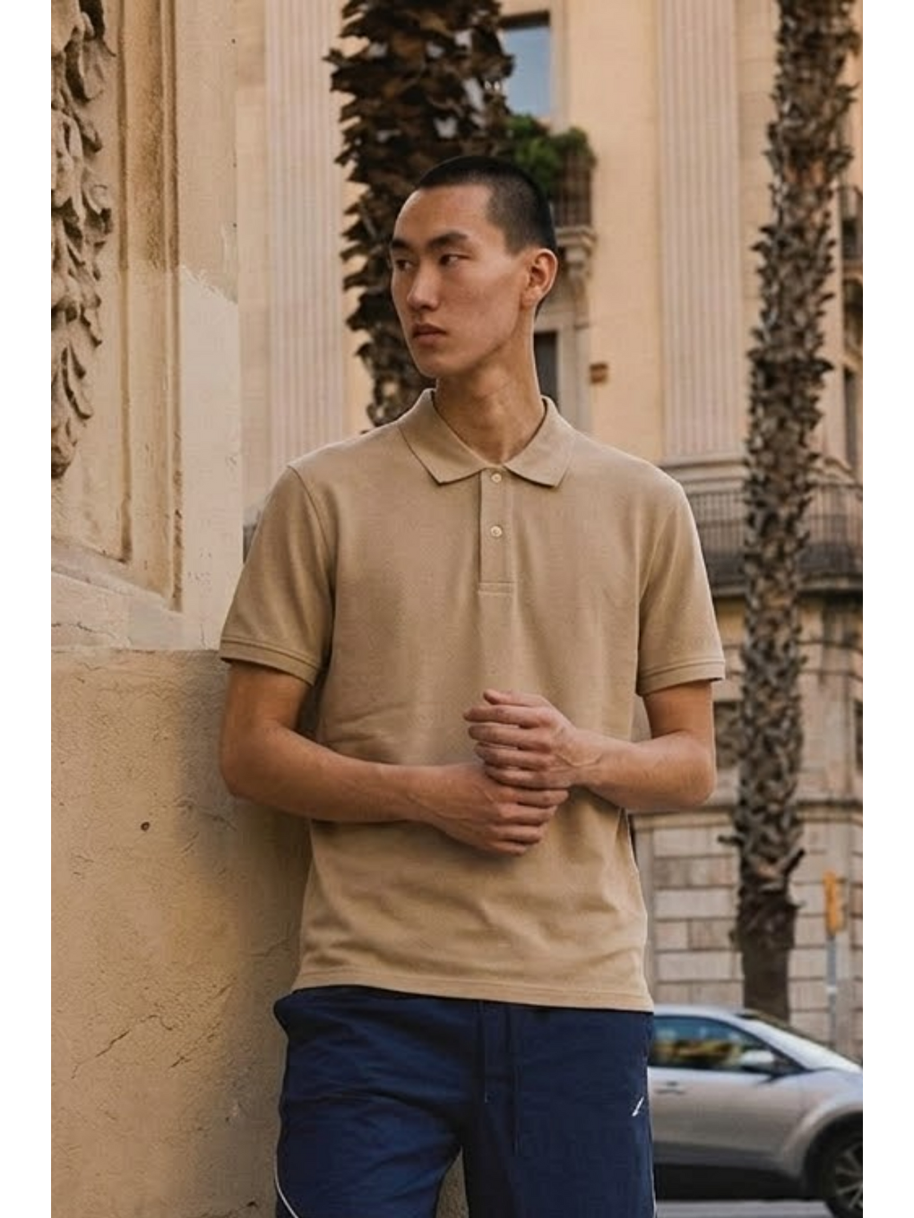 Ekru Erkek Basic Bol Krem Polo Yaka Tişört-4