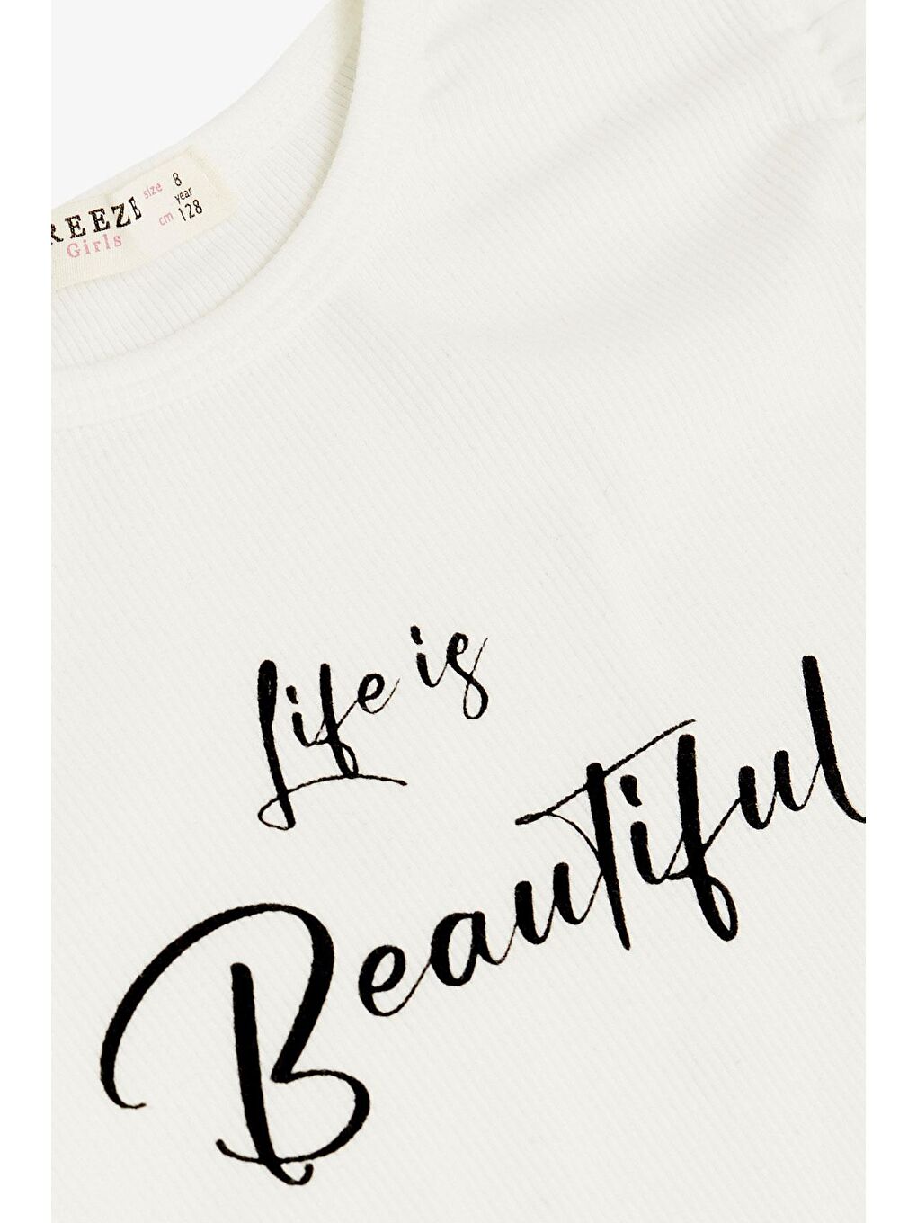 Kız Çocuk Tişört Kemer Boy Kolları Krep Kumaş Fırfırlı Yazı Baskılı Ekru (8-12 Yaş)-2