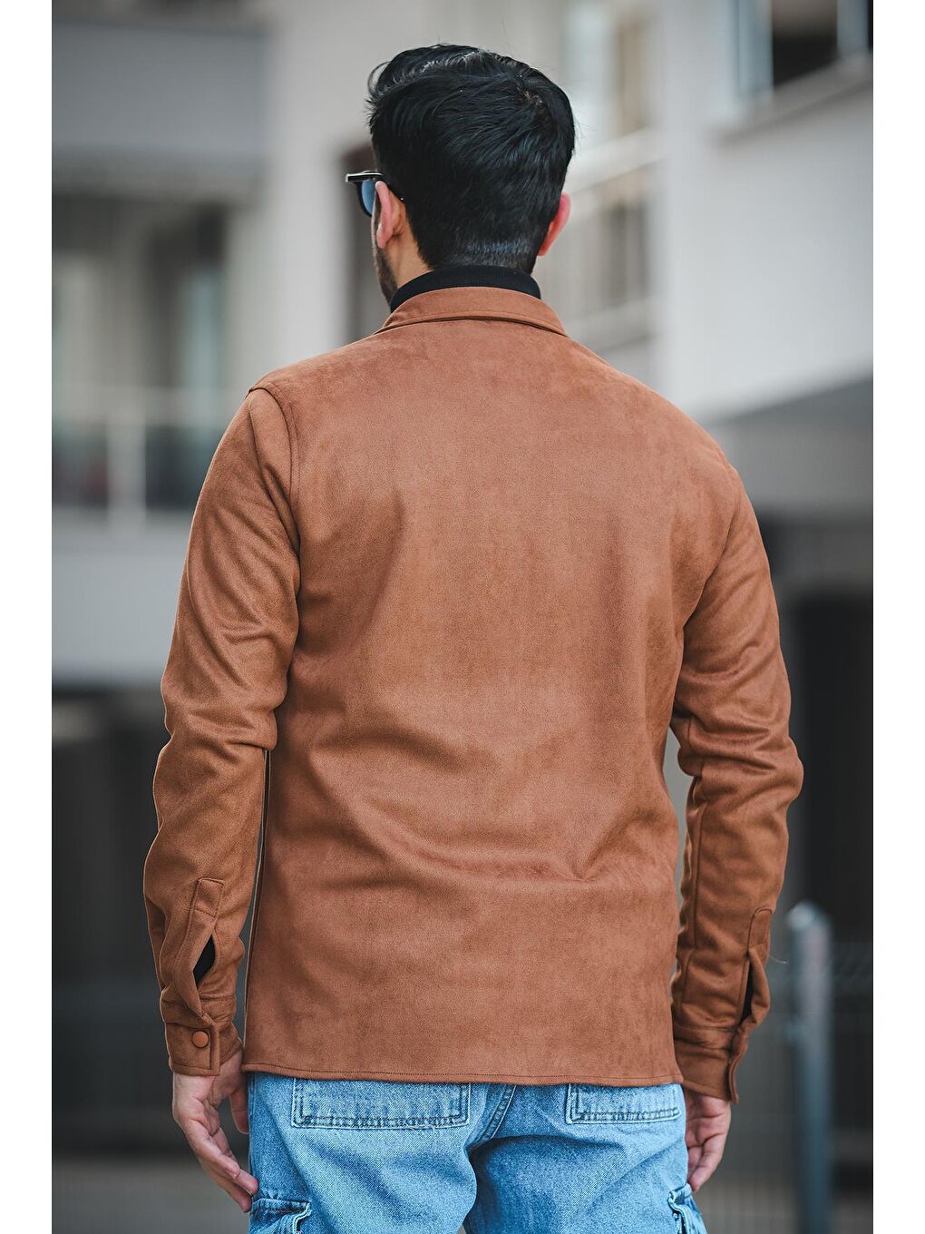 Kahverengi Slim Fit Çift Cep Kapaklı Likralı Süet Erkek Gömlek-3