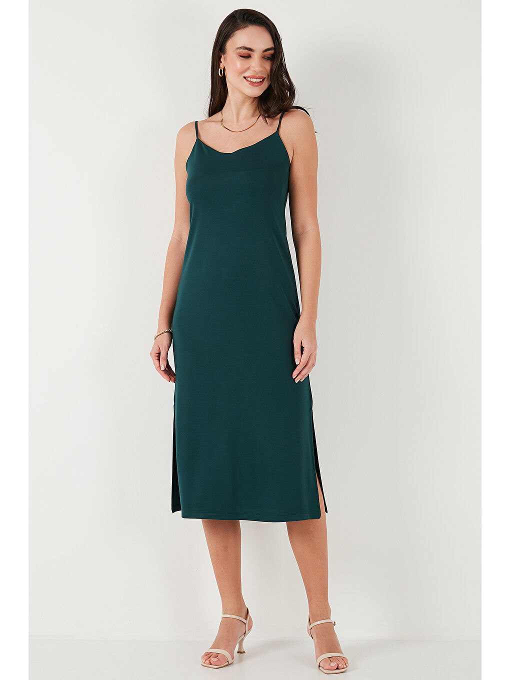 Yeşil Regular Fit İp Askılı Yırtmaç Detaylı Midi Kadın Elbise 5866128-4