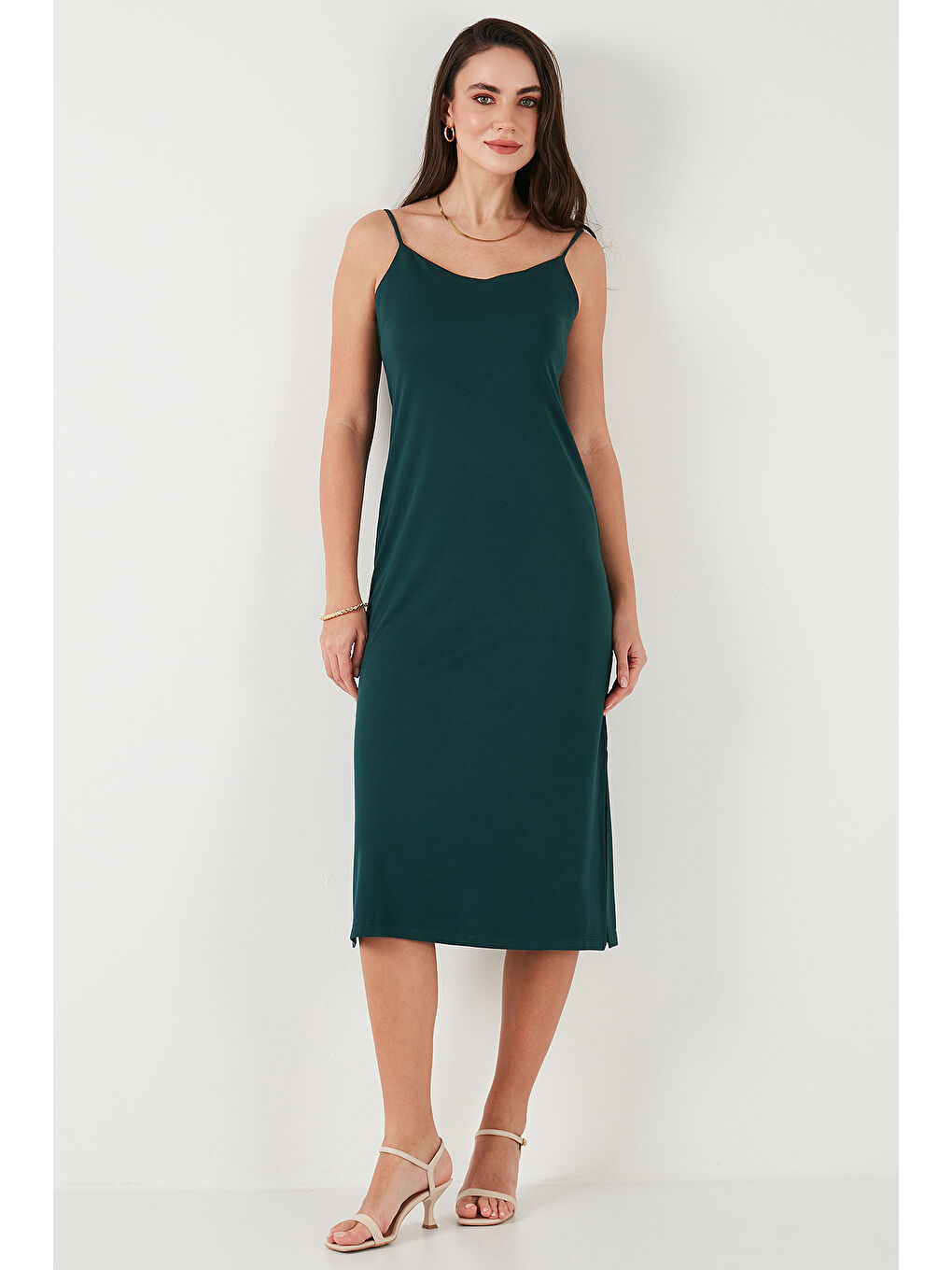 Yeşil Regular Fit İp Askılı Yırtmaç Detaylı Midi Kadın Elbise 5866128-5