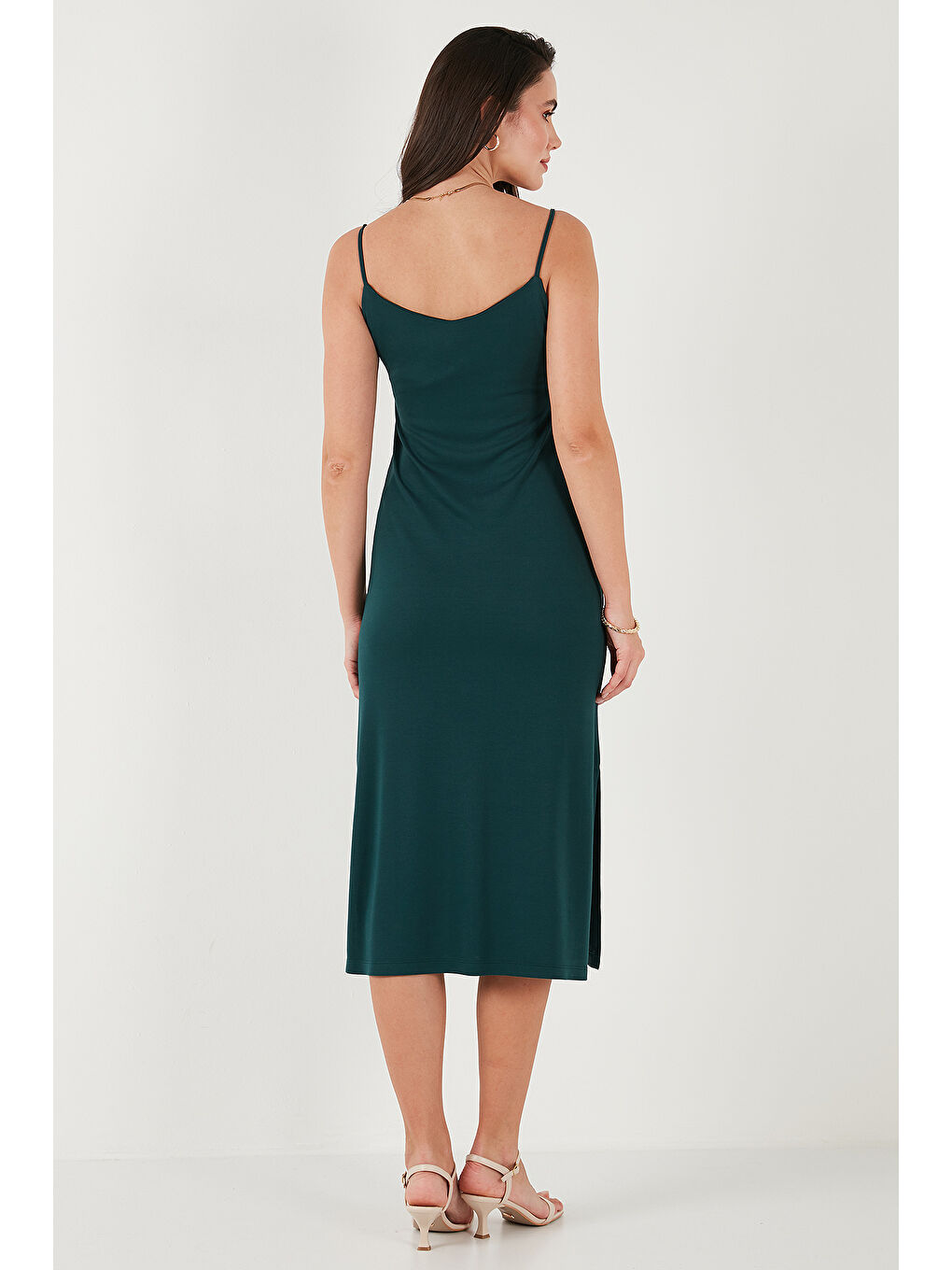 Yeşil Regular Fit İp Askılı Yırtmaç Detaylı Midi Kadın Elbise 5866128-6