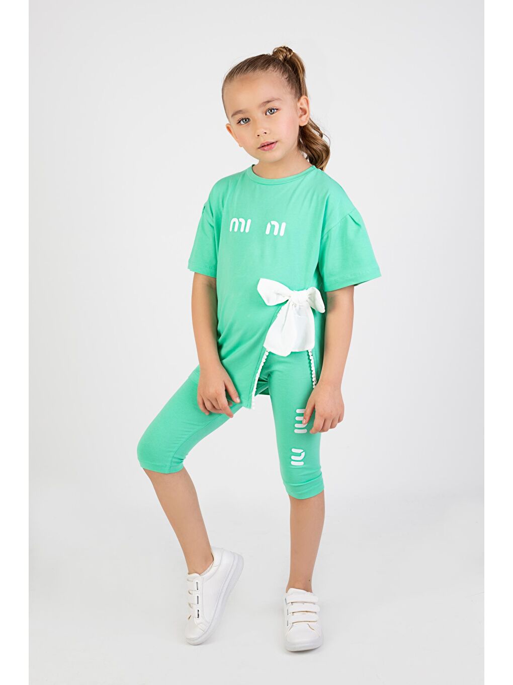 Yeşil Kız Çocuk Mini Baskılı Tunik Model Yazlık Basic Takım 6-9 yaş
