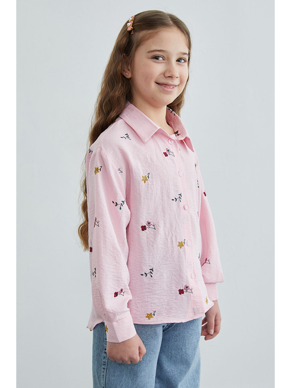 Pembe Çiçek Nakışlı Kız Çocuk Gömlek-1