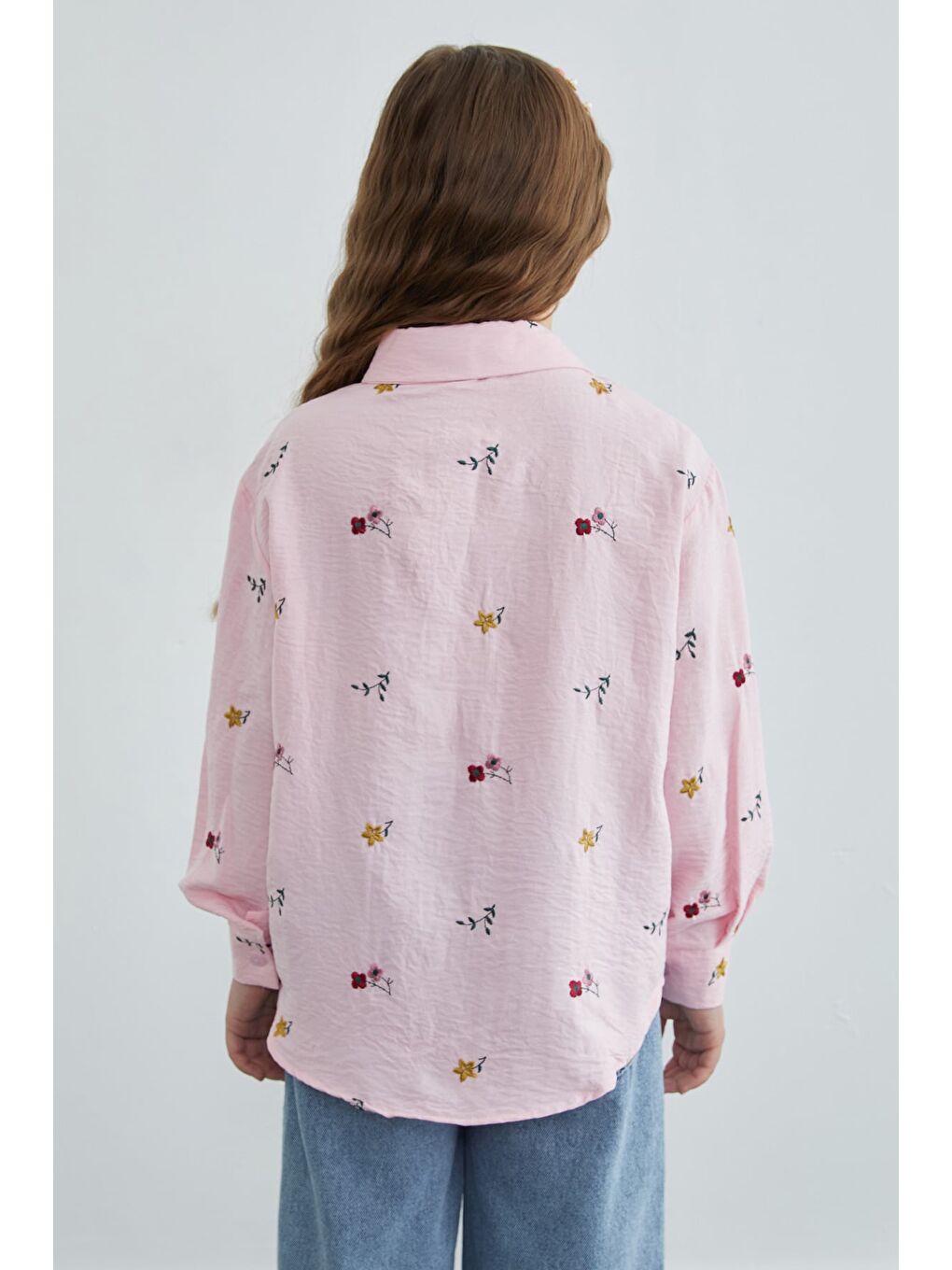 Pembe Çiçek Nakışlı Kız Çocuk Gömlek-3