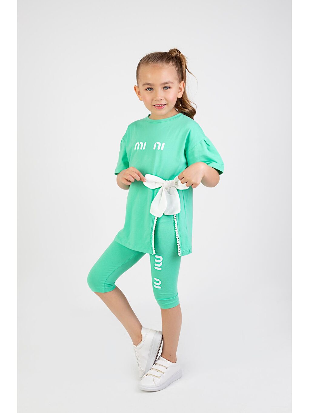 Yeşil Kız Çocuk Mini Baskılı Tunik Model Yazlık Basic Takım 6-9 yaş-1