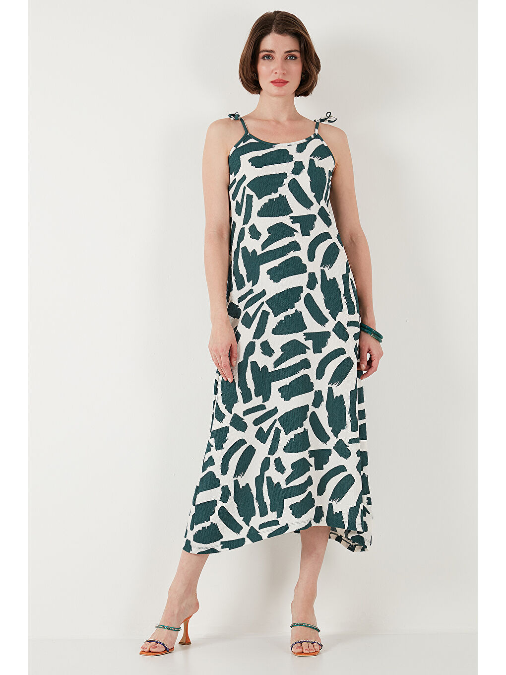 Yeşil Desenli Midi Boy Oversize Fit Bağlamalı İp Askılı Bisiklet Yaka Kadın Elbise 5869009-3