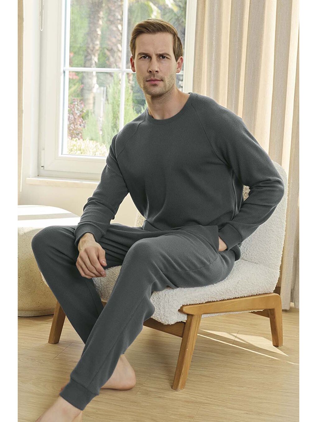 Erkek Waffle Uzun Kol Pijama Takımı 250650 Acı Yeşil