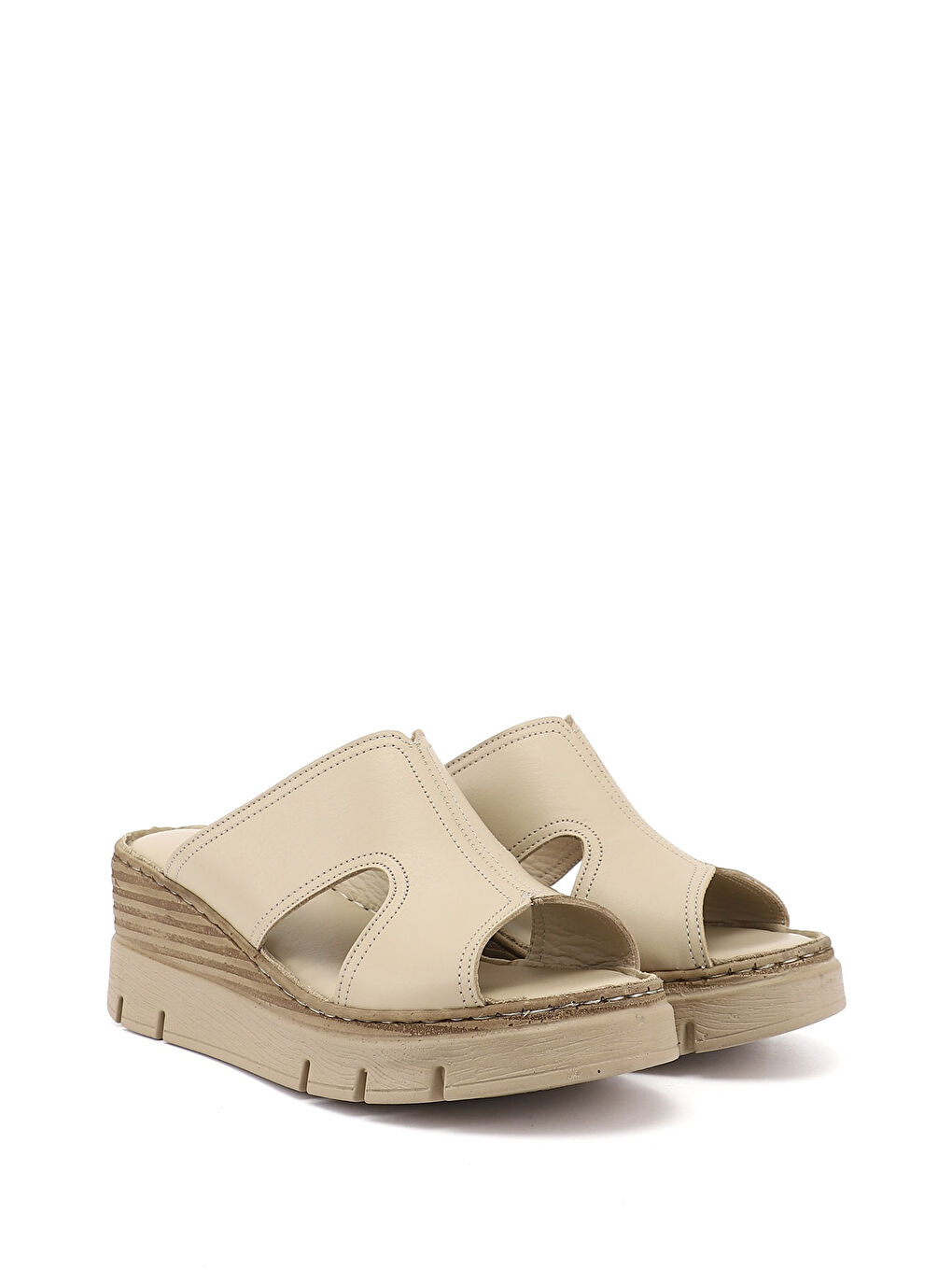 Bej Kadın YENİ BEJ Dolgu Topuklu Hakiki Deri Terlik-3