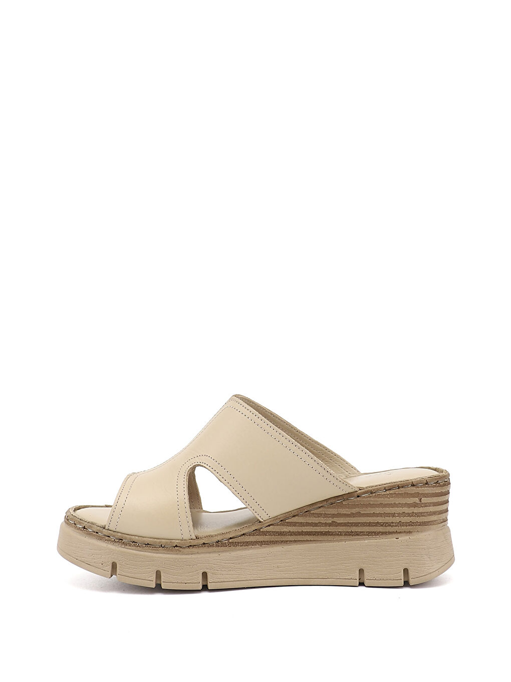 Bej Kadın YENİ BEJ Dolgu Topuklu Hakiki Deri Terlik-4