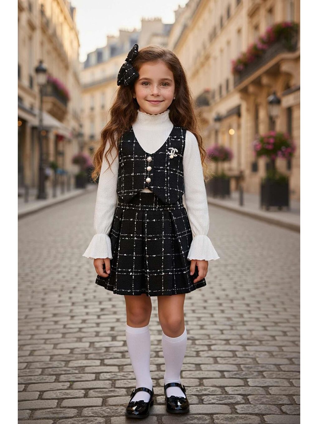 Kız Çocuk Boğazlı Yaka ve İspanyol Kol Bluz Kare Çizgili Triko Siyah Etekli Takım