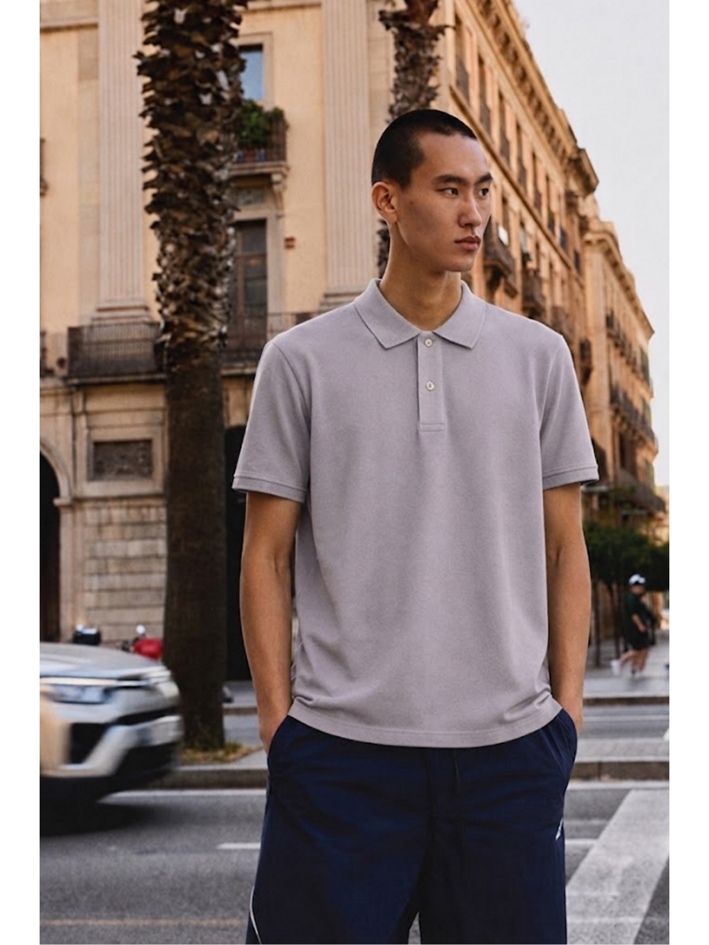 Erkek Basic Bol Gri Polo Yaka Tişört