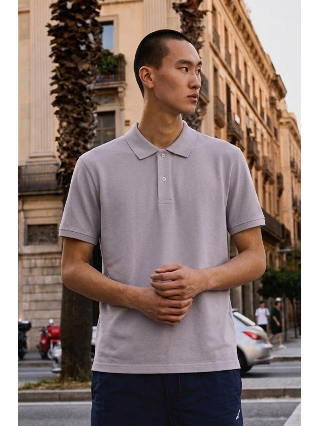 Erkek Basic Bol Gri Polo Yaka Tişört-1