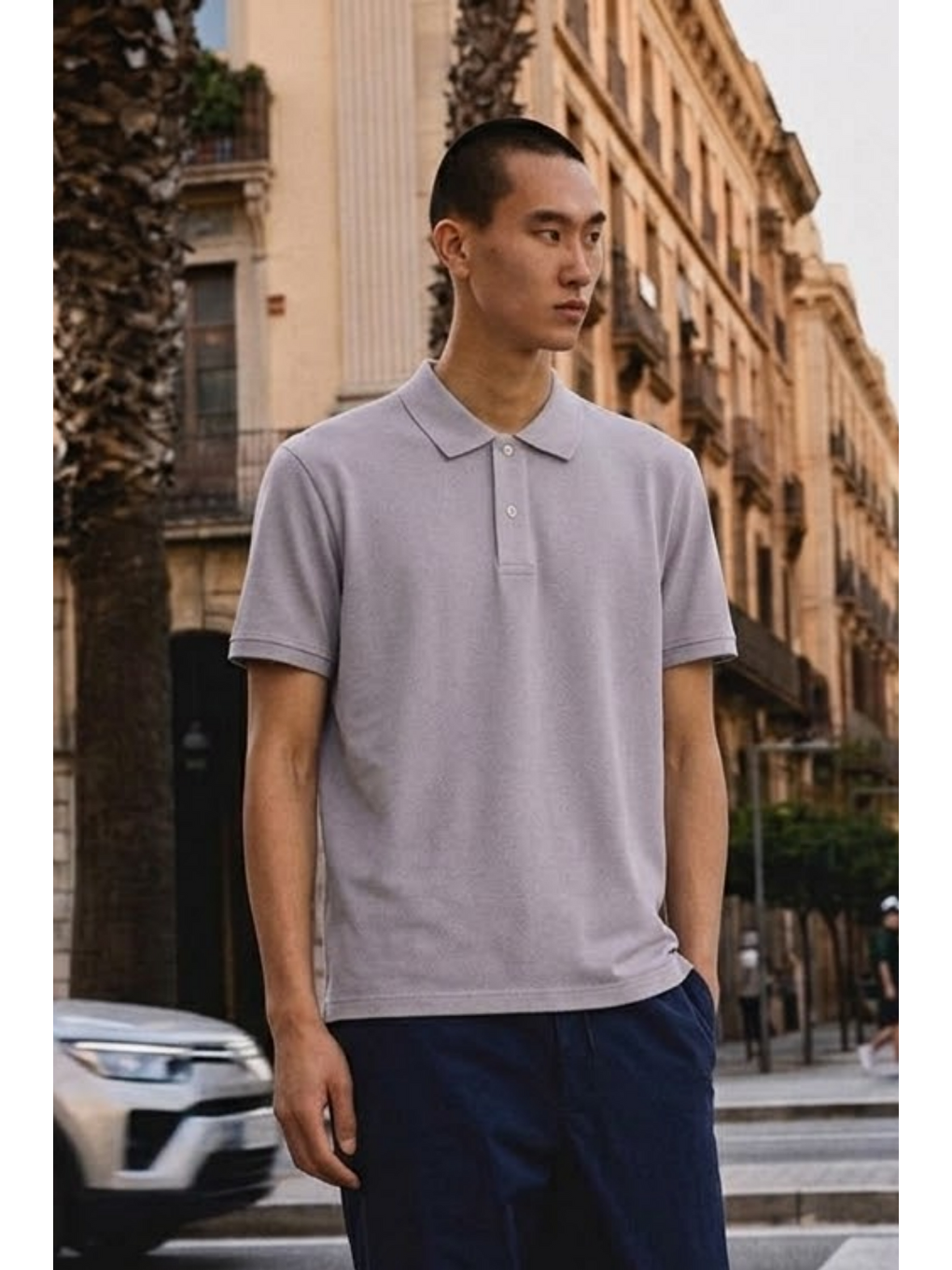 Erkek Basic Bol Gri Polo Yaka Tişört-2