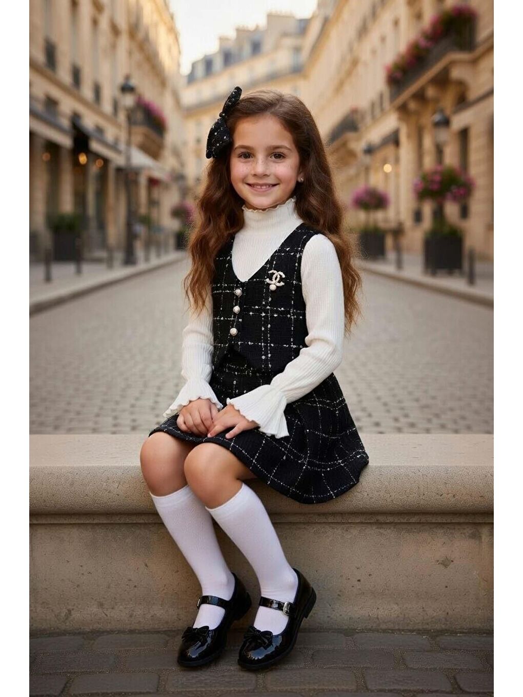 Kız Çocuk Boğazlı Yaka ve İspanyol Kol Bluz Kare Çizgili Triko Siyah Etekli Takım-1