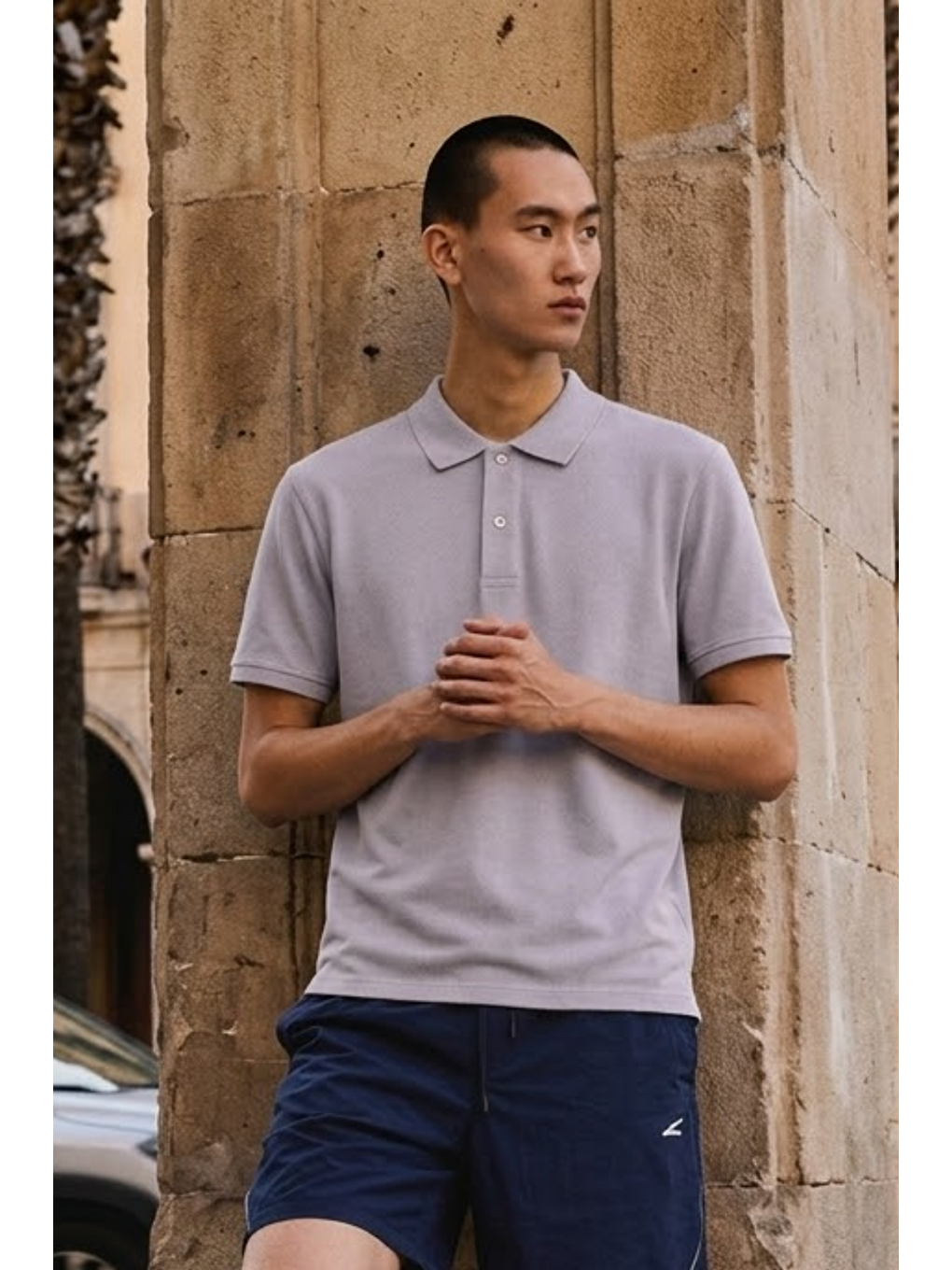 Erkek Basic Bol Gri Polo Yaka Tişört-3