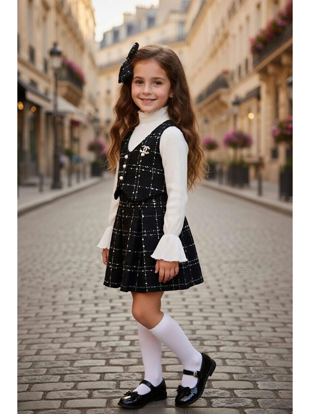 Kız Çocuk Boğazlı Yaka ve İspanyol Kol Bluz Kare Çizgili Triko Siyah Etekli Takım-2