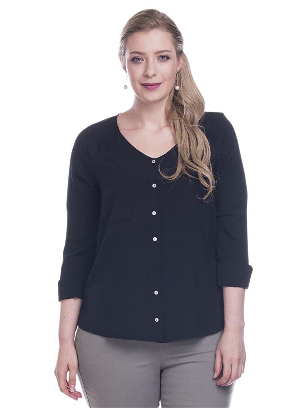 Siyah V Yaka Crep Bluz