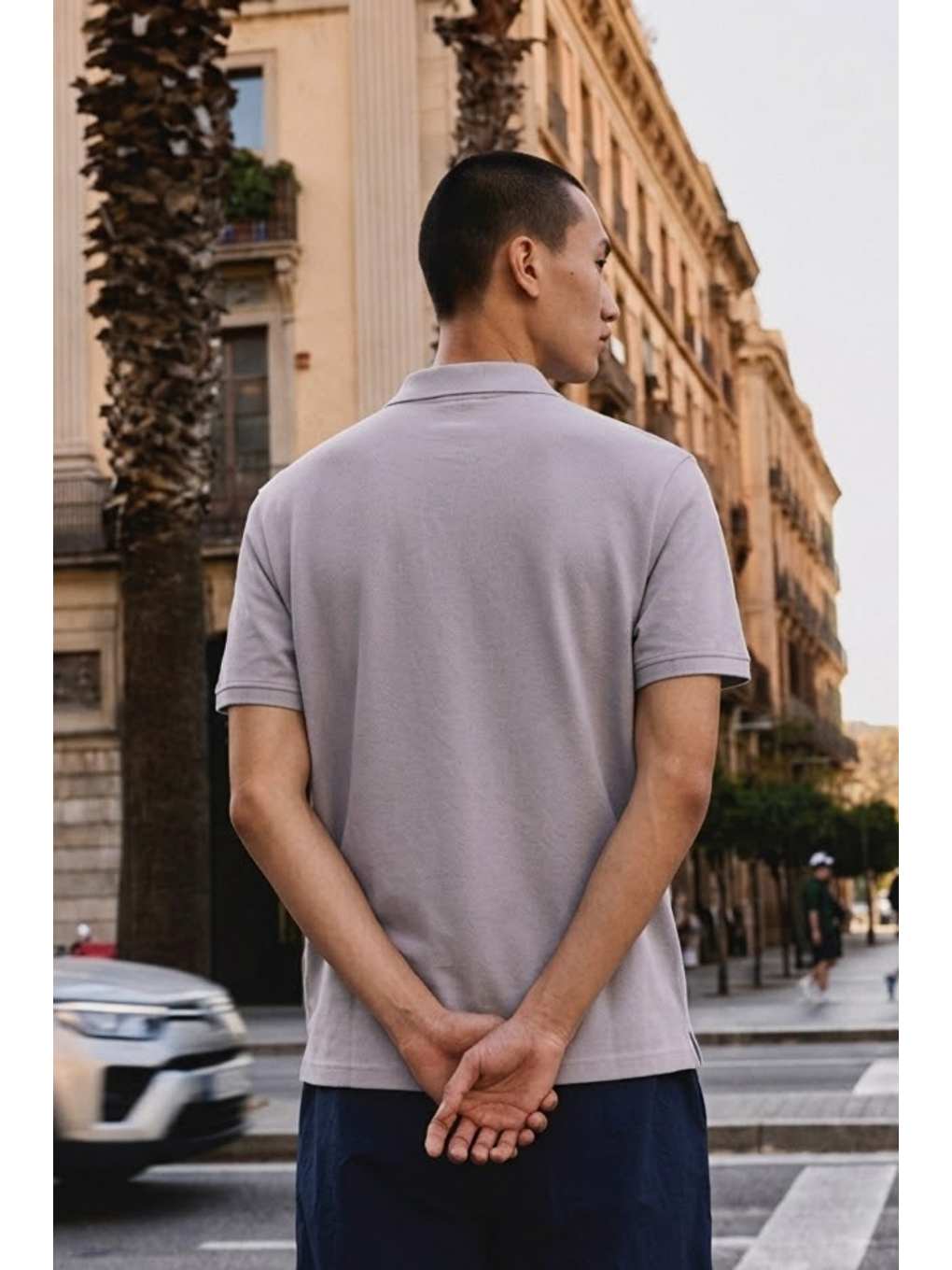 Erkek Basic Bol Gri Polo Yaka Tişört-5