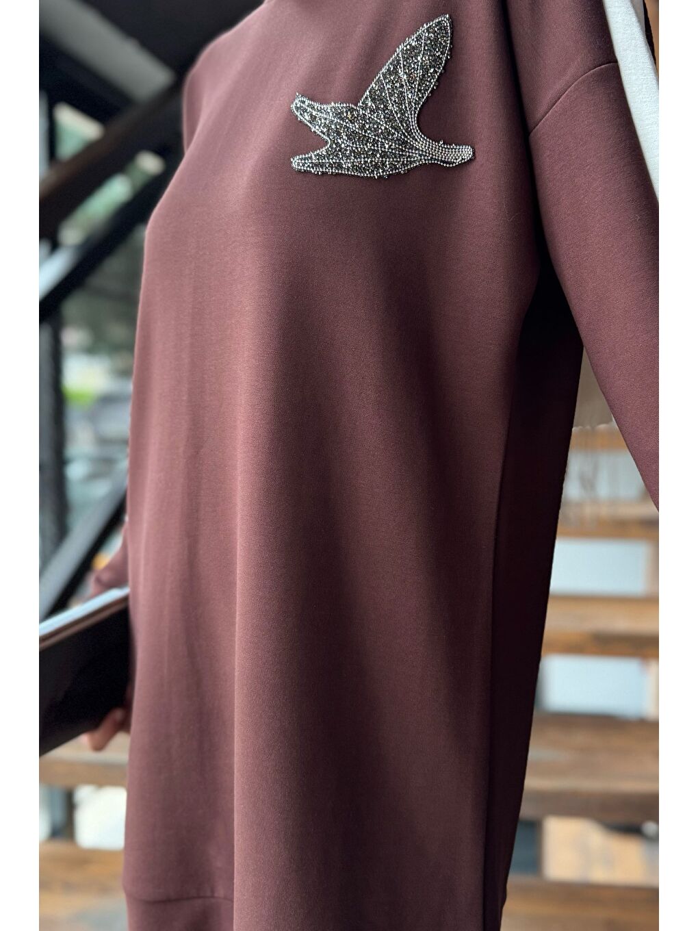 Kahverengi Büyük Beden Renk Garnili Taş İşlemeli Tunik Pantolon Tesettür İkili Takım-4