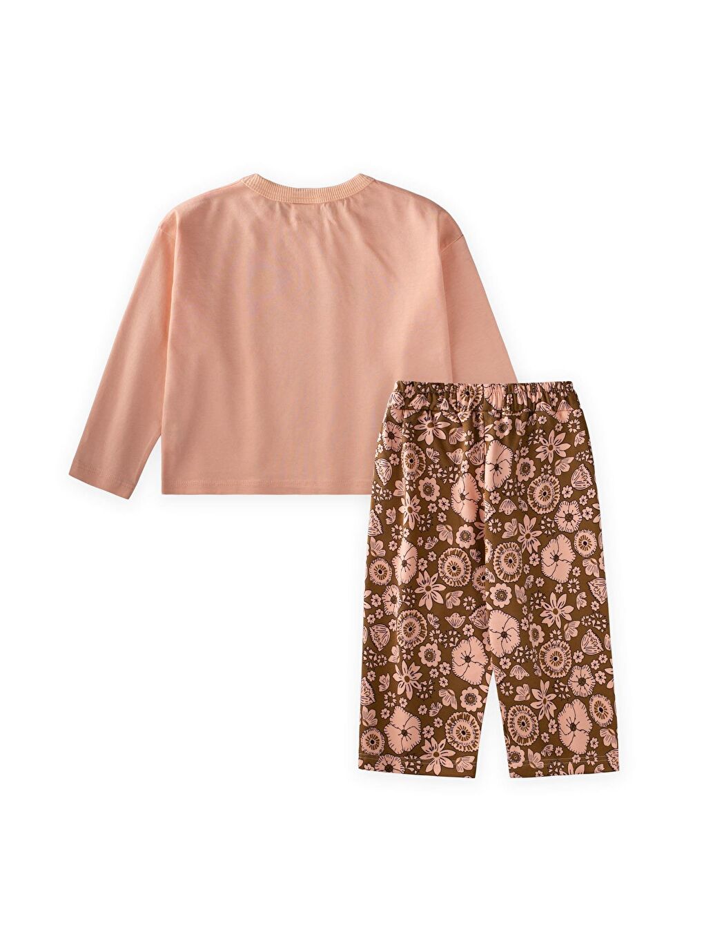 Pembe Uzun Kollu Desenli Yüksek Bel Pantolonlu Takım 2-8 Yaş Somon-1
