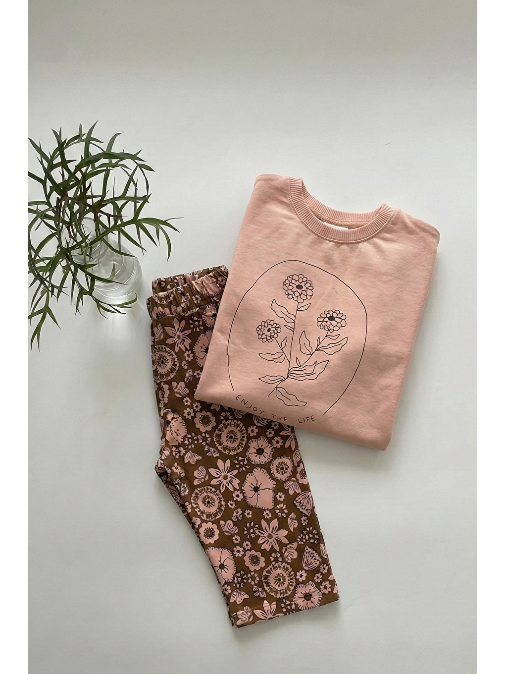 Pembe Uzun Kollu Desenli Yüksek Bel Pantolonlu Takım 2-8 Yaş Somon-2