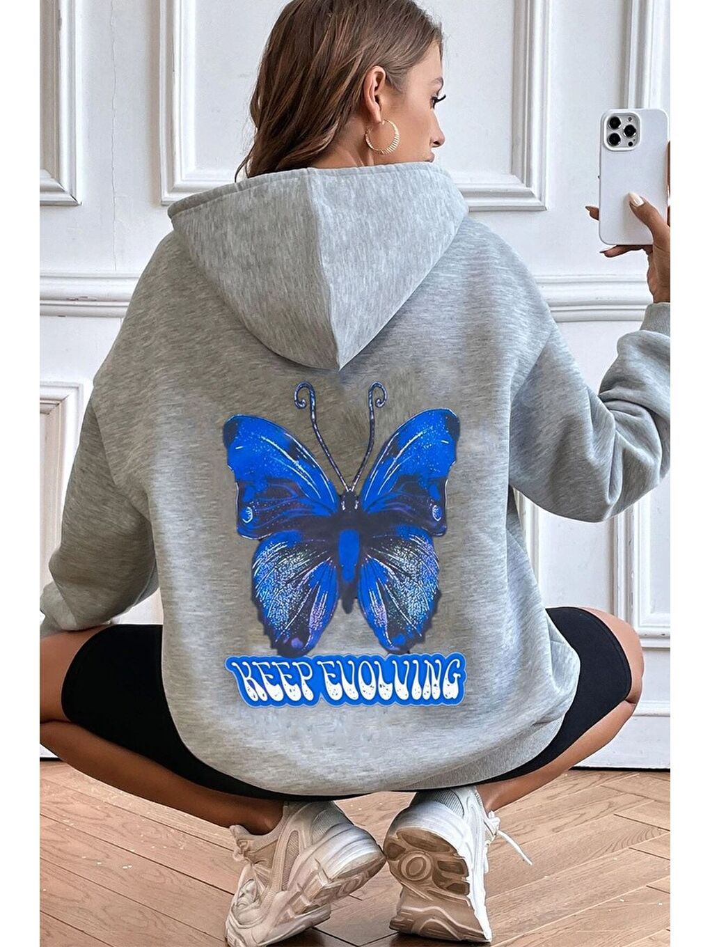 uyguntarz Gri Unisex Butterfly Baskılı Sweatshirt