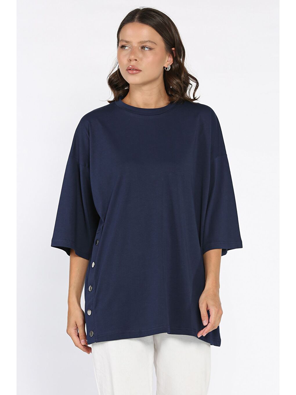 Lacivert Yan Çıtçıtlı Oversize Tişört ( S-m-l-xl Uyumludur)