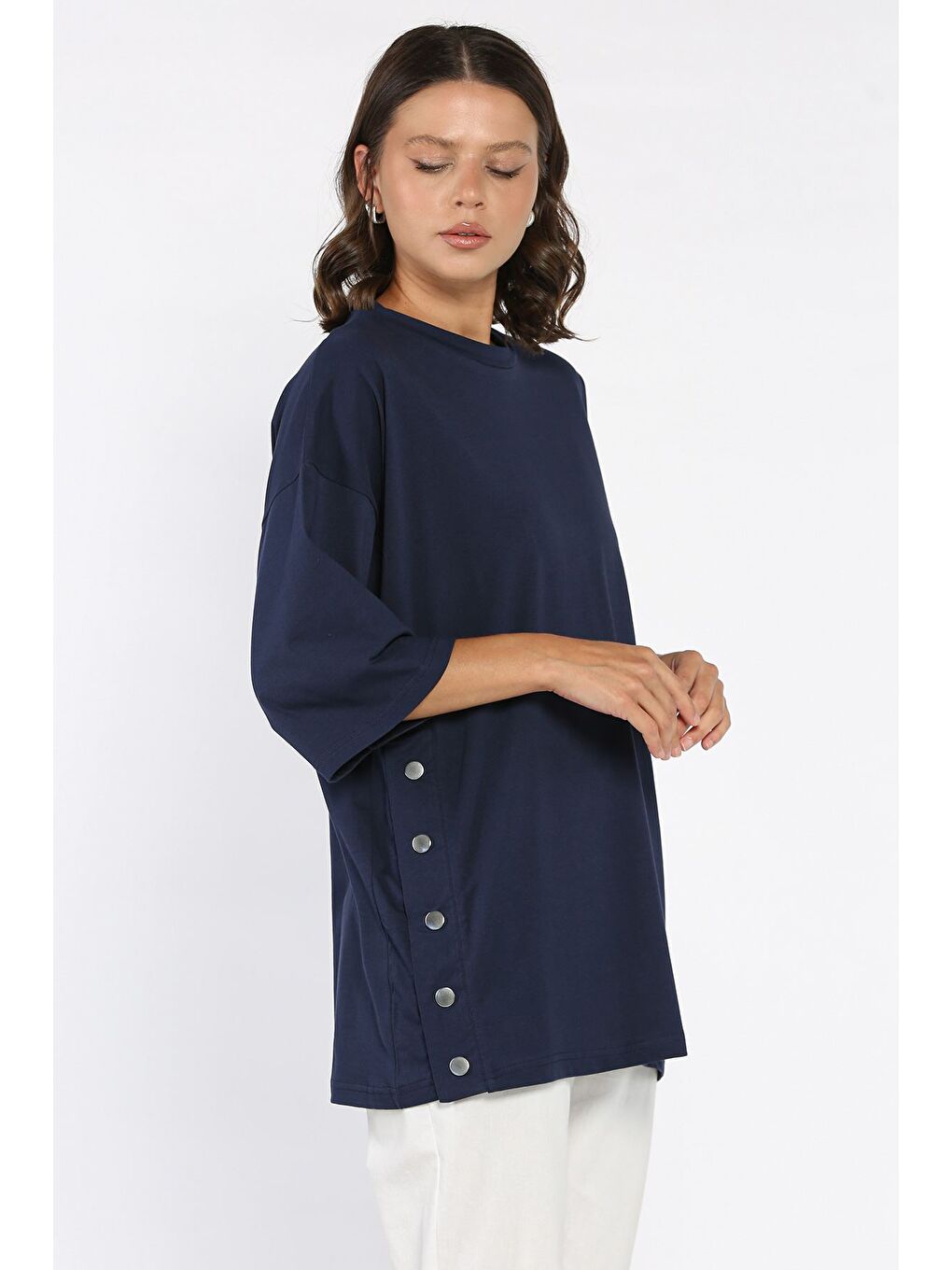Lacivert Yan Çıtçıtlı Oversize Tişört ( S-m-l-xl Uyumludur)-1