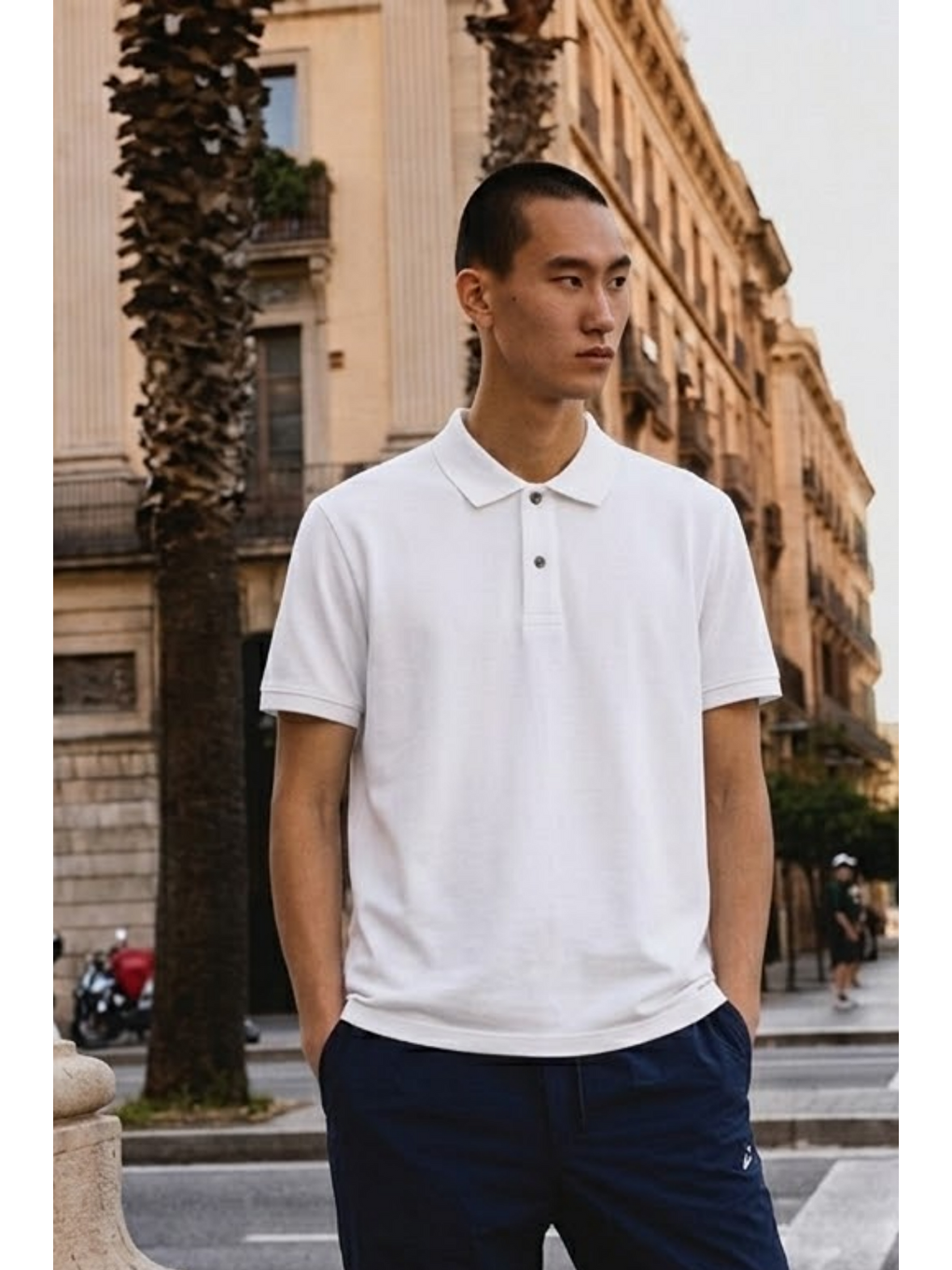 Erkek Basic Bol Beyaz Polo Yaka Tişört-3